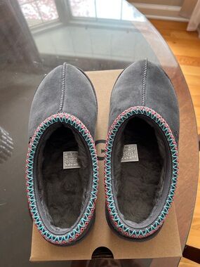 UGG Gray Suede Cozy Lined Mules with Multicolor Trim